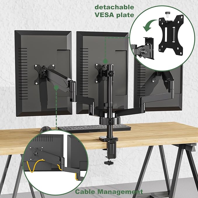 Triple Monitor Desk Mount for Three Flat/Curved Computer Screens up to 27 inch, Fully Adjustable Gas Spring Triple Monitor Arms Hold up to 17.6lbs, VESA 75x75/100x100mm