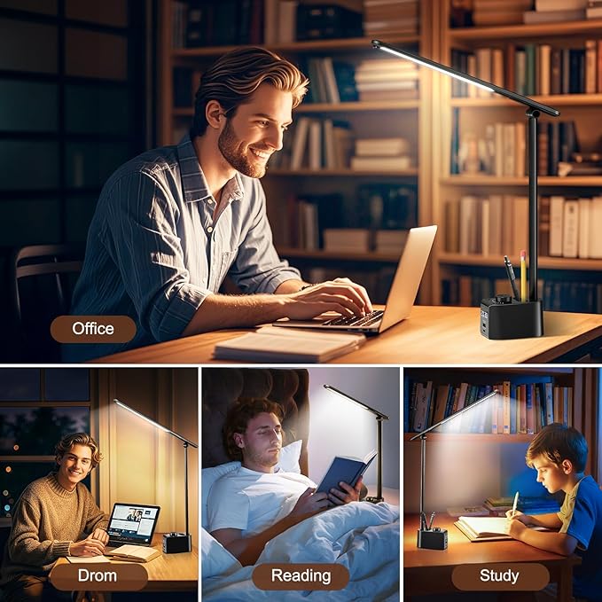 COOLNIGHT LED Desk Lamp,5 Colors+11 Brightness LED Desk Lamp with USB Charging Port+Clock+Pen Holder,700 Lumen Desk Light Classroom Desk Lamps for Home Office, Bed,Reading,Nail,Craft