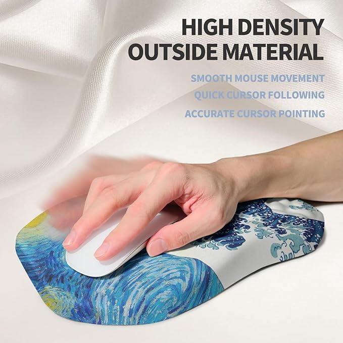 Ergonomic Raised Mouse Pad Wrist Support with Bilateral Slope Memory Foam Mousepad for Wrist Rest and Carpal Tunnel 11.8x7.9〃Starry Night Waves