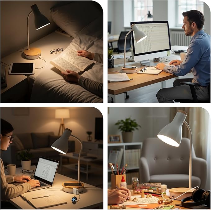 Desk Lamp for Home Office, 10W Wireless Charger Desk Light with USB C+AC Charging Ports,3 Ways Dimming Reading Light, Touch Table Lamp for College Dorm Room (White-Fast Charging (10W))