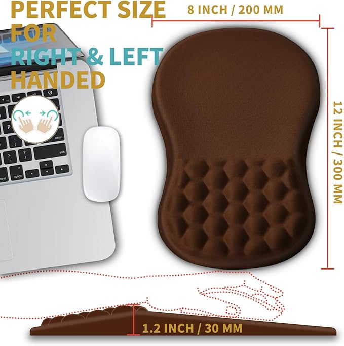 Hokafenle Ergonomic Mouse Pad Wrist Support with Massage Design, Wrist Rest Mousepad with Memory Foam&Non-Slip PU Base, Mouse Pads for Wireless Mouse & Desk (12x8 inch,Brown)