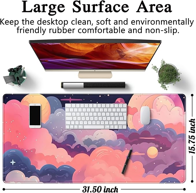 Cute Desk Mat Kawaii Clouds Pink Purple Desk Pad Anime XXL Large Mouse Pad Big Full Desk Gaming Mousepad Laptop Computer Keyboard Mouse Mat 31.5''X 15.7'' Cute Desk Decor Accessories