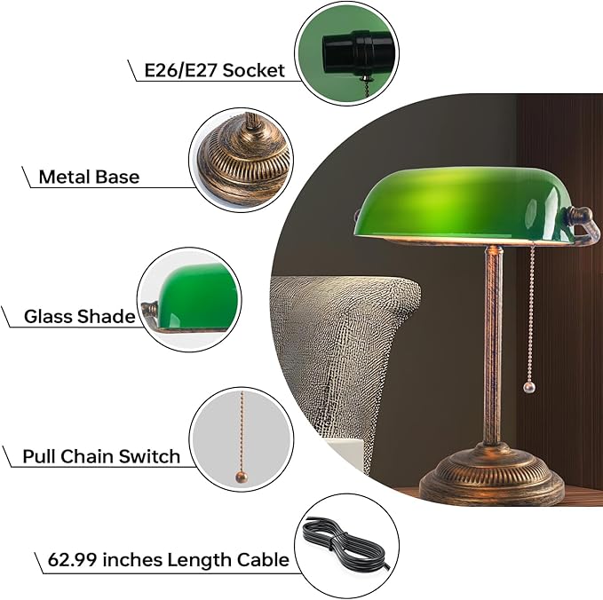 FIRVRE Bankers Desk Lamp with Pull Chain Switch, Green Glass Shade Desk Lamps, E26 Bronze Base, Vintage Library Lamp for Office, Study Room