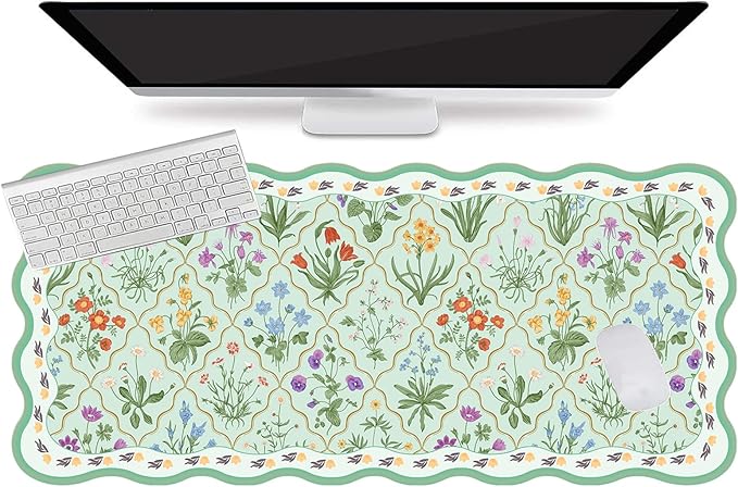 L-SPOUTTO Green Mouse Pad,Botanical Desk Mat XXL Large Scalloped Gaming Mousepad,35.4x15.7in Non-Slip Rubber Base Keyboard Pad Waterproof Desktop Mat for Laptop Computer Game Home Office-Flowers