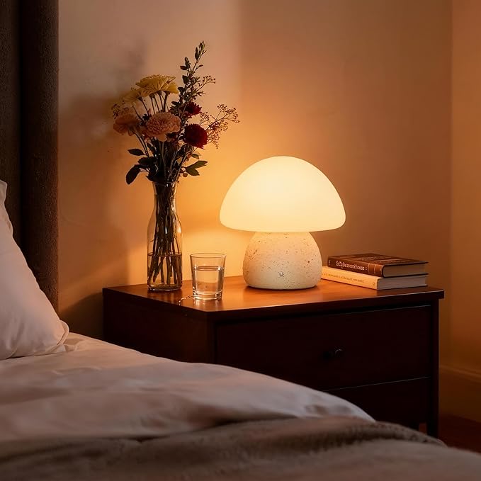 Mushroom Lamp, Cute Cordless Rechargeable Table Lamp with Glass Shade, 3 Color Temps LED Dimmable Ambient Lighting, Small Retro Touch Bedside Light for Decor, Resin Base.