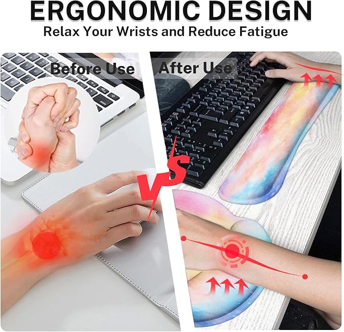 Arttown Iridescent Cloud Desk Mat Cute Mouse Pad Set 4 in 1 Colorful Starry Sky Ergonomic Design Large Desk Pad + Keyboard Wrist Rest + Mouse Wrist Rest + Coaster Suitable for Home Office Study Game