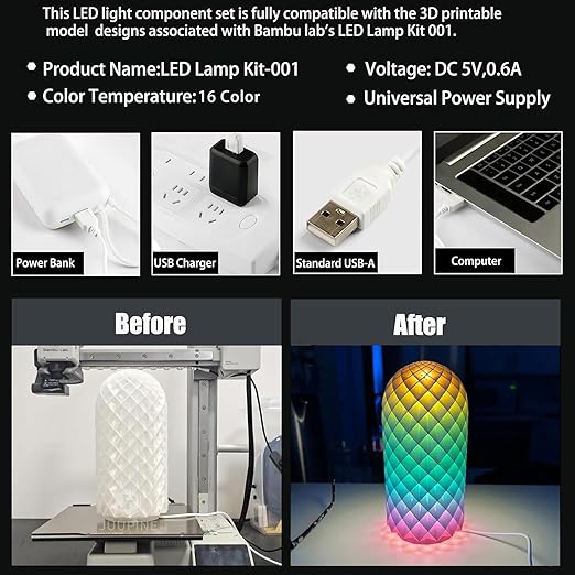Bulto 2Pcs LED Lamp Kit 001 16 Color for Bambu Lab 3D Printing, RGB Remote Control DIY LED Light Kit - Monitor Light Bar for Bambu Lab Makerworld/Anycubic/Makeronline, 5V USB Powered