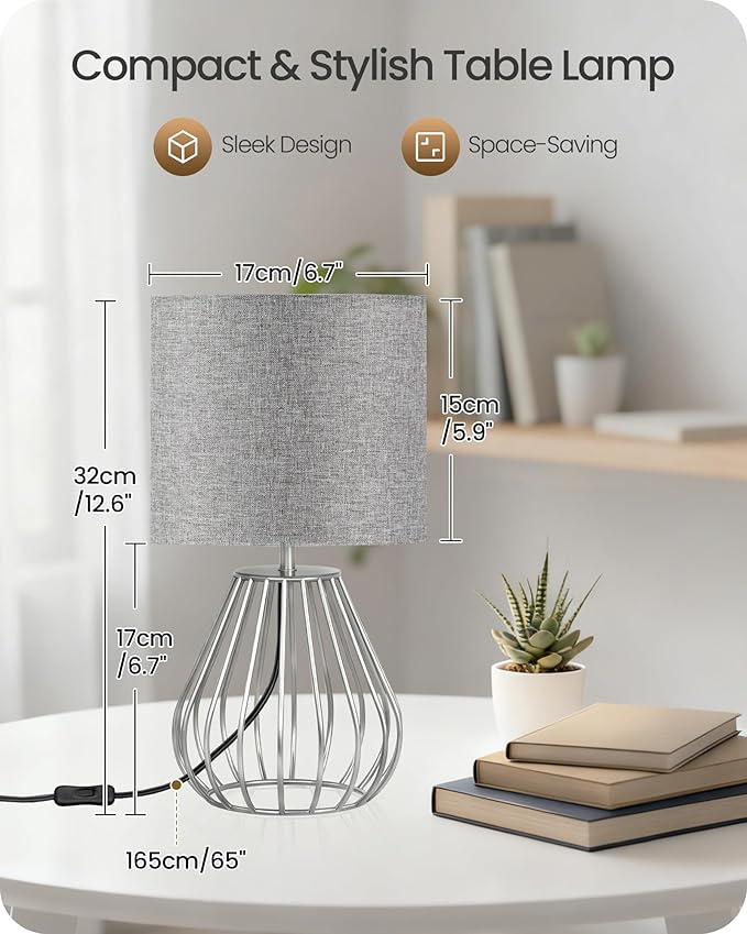 Small Table Lamp, Bedside Lamp with Gray Linen Lampshade & Silver Metal Base, Modern Nightstand Lamp, Little Cute Desk Lamp for Bedroom, Living Room, 2700K LED Bulb Included, SH06TL05