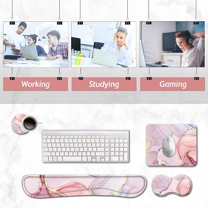AIMSA Keyboard Wrist Rest Support + Mouse Pad + Mouse Wrist Rest + Coaster, Ergonomic Memory Foam Anti-Slip Rubber Base 4 PCS Set Easy Typing Pain Relief, Pink Purple Marble
