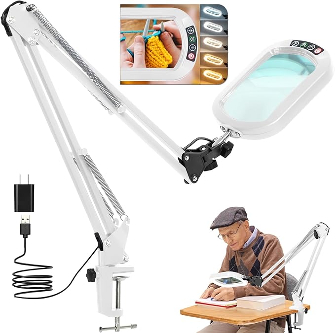 10X Large Magnifying Glass with Light and Clamp, Real Glass, 5 Color Modes, Stepless Dimmable, Lighted Magnifier with Stand Hands Free, LED Swing Arm Desk Lamp for Close Work, Craft, Reading - White