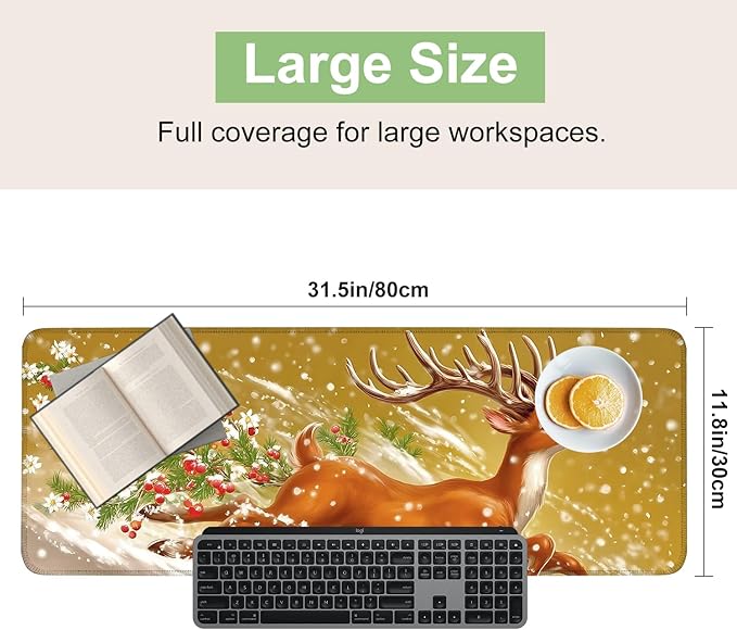 Desk Mat, XXL Extended Gaming Pad for Desktop, 31x12 Inches Winter Reindeer Running in Snow, Large Non-Slip Vegan Leather Surface with Stitched Edges, Keyboard Mouse Mat for Home Office