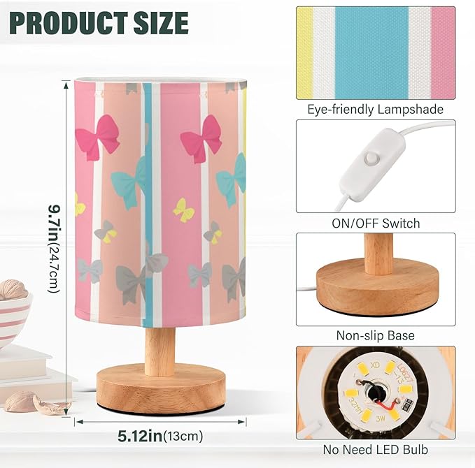 Pastel Stripe LED Table Lamp, Bedside Lamp with Linen Lampshade, Flicker-Free Eye Care USB Plug in Nightstand Lamp, for Bedroom and Office