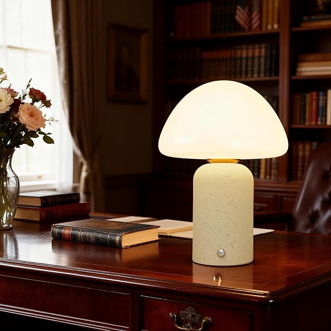 9.8 inch Mushroom Lamp, Cute Cordless Rechargeable Table Lamp with Glass Shade, 3 Color Temps LED Dimmable Ambient Lighting, Small Retro Touch Bedside Light for Decor, Resin Base.