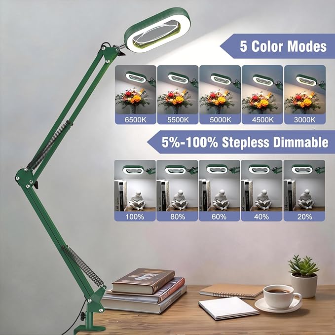 10X Extra Long Magnifying Glass with Light and Clamp, Real Glass, 5 Color Modes, Stepless Dimmable, Dual 16-inch Swing Arm, Lighted Magnifier Hands Free for Close Work, Craft, Reading, Painting, Green
