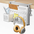 Desk Side Storage Organizer, No Drill Under Desk Laptop Holder, Clamp on Desks Shelf with Pegboard Accessories, Hanging Laptop Mount, Fits Flat Edge 0.4" to 2.2", White