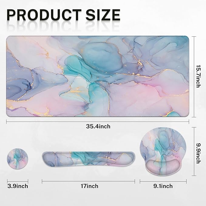 Britimes Blue Purple Liquid Marbling Keyboard Mouse Pad Set 4in1 Large Mousepad+Keyboard Wrist Rest+Mouse Wrist Rest+Coaster Ergonomic Design for Home Office Computer 35.4x15.7 inches