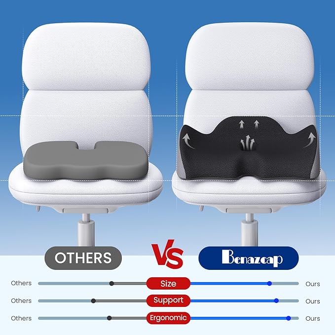 Benazcap Large Ergonomic Seat Cushion for Office Chair, Coccyx & Lumbar Support Pillow, Memory Foam Seat Cushions for Office Chairs