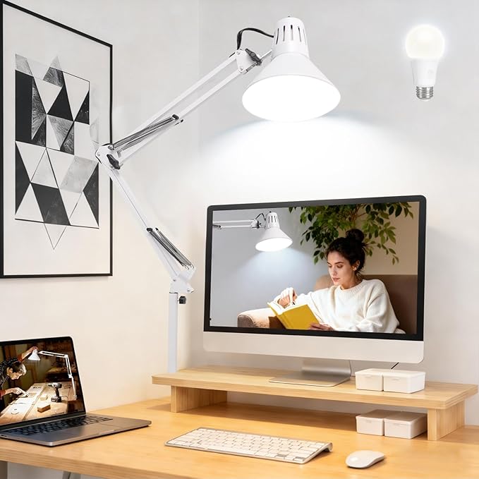Desk Lamp With Clamp for Home Office, Eye-Caring Clip on Light with Adjustable Extra Tall Metal Swing Arm, High Intensity Clamp Lamp w/LED Bulb, Architect Task Table Lamps for Study, Workbench-W/5000k