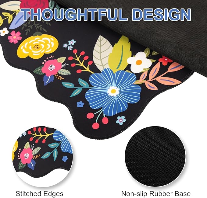 L-SPOUTTO Floral Mouse Pad,Black Desk Mat XXL Large Scalloped Gaming Mousepad,35.4x15.7in Non-Slip Rubber Base Keyboard Pad Waterproof Desktop Mat for Laptop Computer Game Home Office-Black Floral