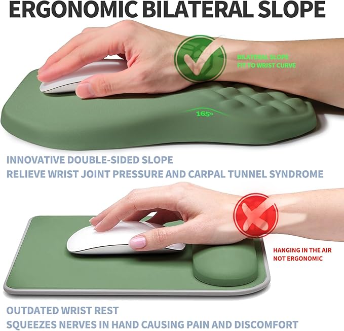 Ergonomic Raised Mouse Pad Wrist Support with Bilateral Slope Memory Foam Mousepad for Wrist Rest and Ergonomic Support 11.8x7.9〃 Green