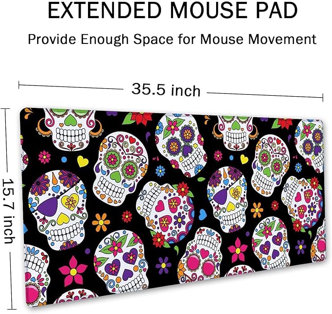 SSOIU Extended Mouse Pad, XXL Gaming Mouse Pads, Large Big Mousepad Laptop Computer Keyboard Mat Desk Pad with Non-Slip Base Stitched Edge for Gaming Office, 35.5 x 15.7 inch, Sugar Skull