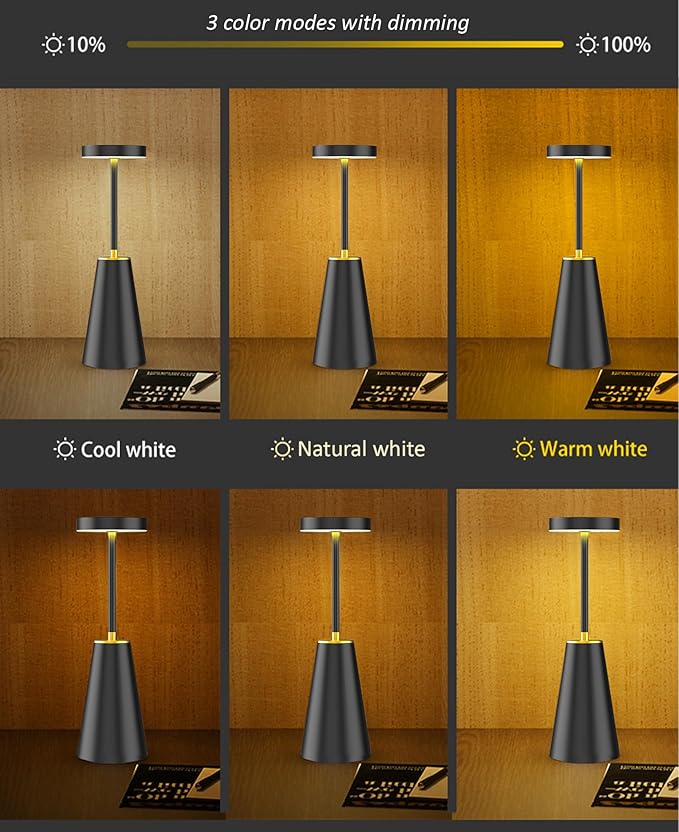 LED Wireless Table Light - USB-C Rechargeable Lamp Cordless - Touch Sensor - Dimmable Portable - 3 Brightness Modes - for Nightstand Restaurant Office Desk Indoor Outdoor - Black
