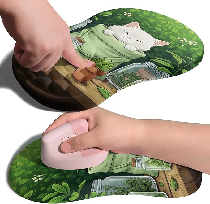 Ergonomic Joint Wrist Support Mouse Pad with Memory Foam Cushion Massage Bump, Carpal Tunnel Mousepad Slope Design for Wrist Rest, 11.8x7.9 in, Cute Kitten