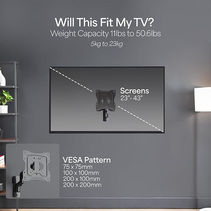 VIVO Premium Aluminum Single TV Wall Mount for 23 to 43 inch Screens, Adjustable Arm, Fits up to VESA 200x200, MOUNT-G200B
