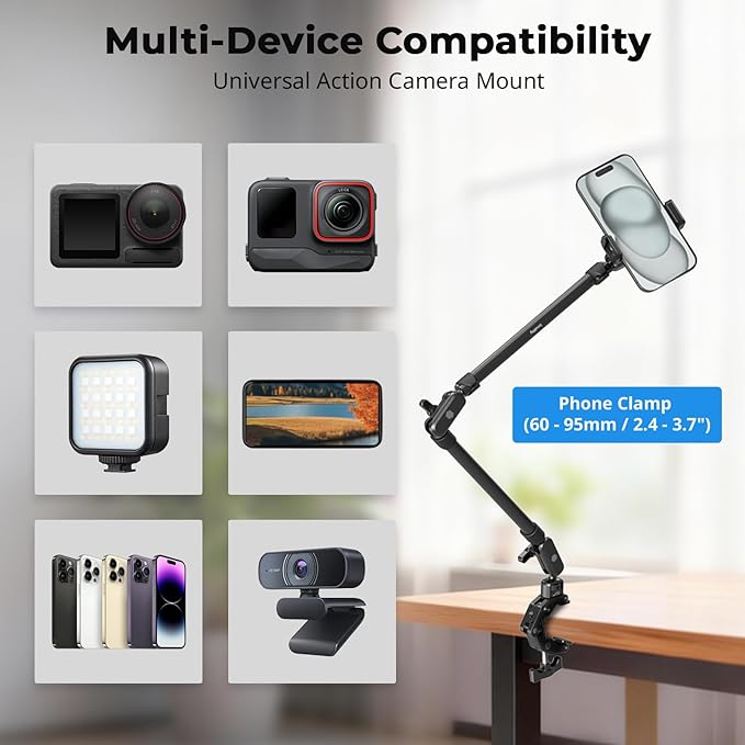 SmallRig 25.9" Magic Arm with Super Clamp, Overhead Phone Mount, Flexible Desk Camera Mount with 1/4" Screw and Cable Clip, Max Load 2.2lb, for iPhone, Action Camera, Video Light, Webcam, Mic - 5625