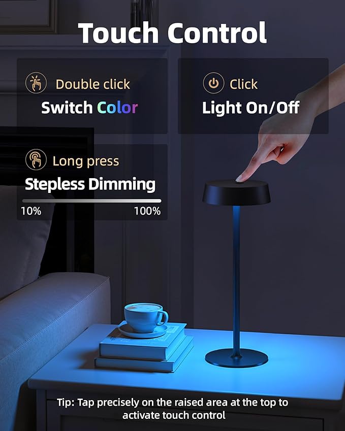 Cordless Lamp, RGB, Outdoor Waterproof, Dimmable Touch Control 3 Color Temperature, Battery Operated Portable, LED Memory Function, Rechargeable Table Lamp, Desk Lamp, Patio Dinning Restaurant Kitchen