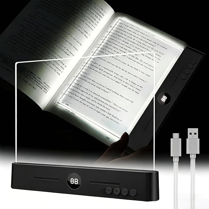 LED Book Light and Night Light 2 in 1, USB Rechargeable Clear Flat Book Light with 3 Colors & Timer, Dimmable Book Lights for Reading at Night, Scratch-Resistant, Eye-Care (Black)