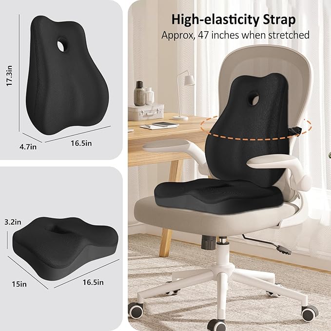 Seat Cushion, Lumbar Support Pillow for Office Chair, Memory Foam Coccyx Seat Cushion, Ergonomic Mesh Back Support Pillow, Office Desk Chair Cushion for Coccyx & Lumbar Ergonomic Support, Black