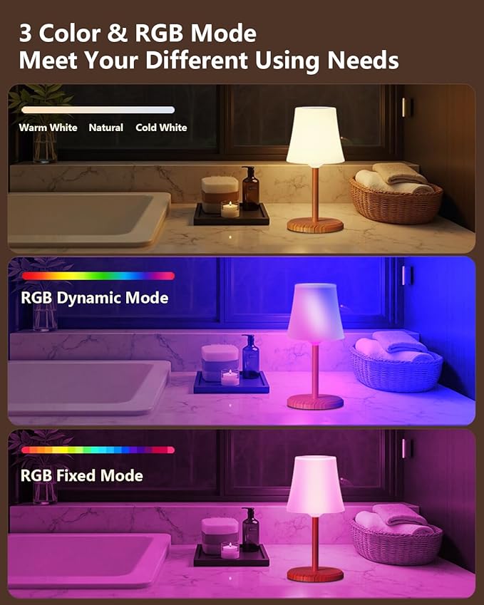 Cordless Shower Lamp IP54 Waterproof Outdoor Rechargeable Table Lamp 4000mah Small Battery Operated Lamps Touch Dimmable RGB Lamp for Bathroom Kitchen Restaurant Patio Camping, Wood Grain