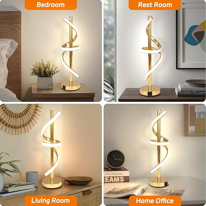 LED Modern Table Lamp, Dimmable Spiral LED Table Lamp, 3 Colors Touch Control, Modern Nightstand Lamp with USB/Type C for Bedroom Living Room