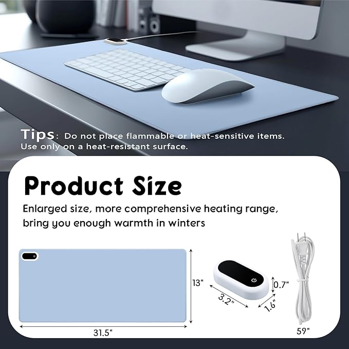 Konohan Heated Desk Pad Warm Mouse Pad, 5 Heating Level & 4 Hour Auto Shut-Off, PU Leather Warm Mouse Mat Heating Keyboard Gaming Mice Warmer Mat Only Supports 110v(Gray-Blue Color,31.5" X 13")