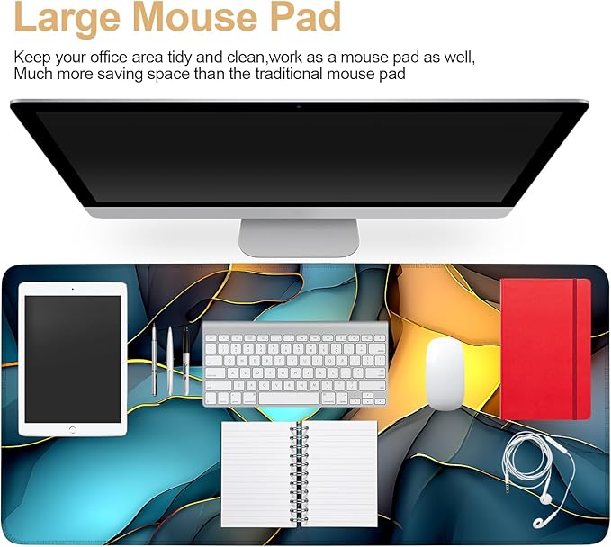 Large Mouse Pad & Keyboard Mat 35x16 Inches, Soft Blue Yellow Gradient Fluid Artistic Non-Slip Rubber Base Desk Mat, Large Extended Desk Protector for Home Office Gaming Setup