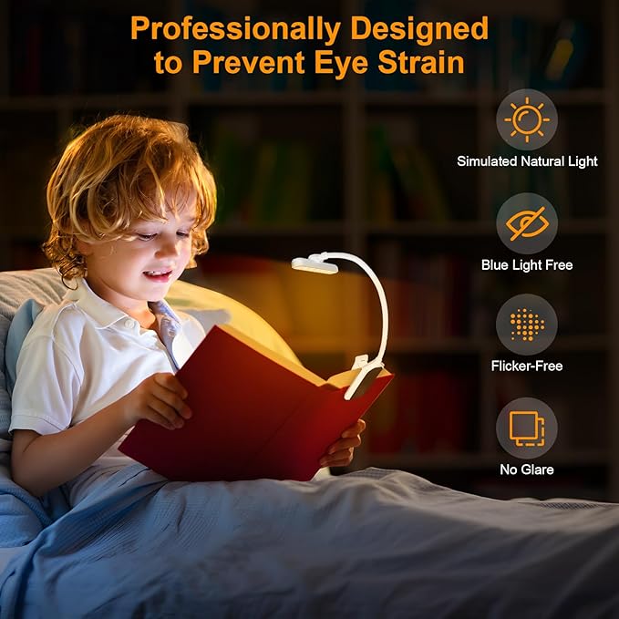 karidi Rechargeable 24 LED Book Light for Reading, 360° Flexible Gooseneck, 5 Color Tones, Clip-on for Books/Tablet/Bed, USB-C, 80H Glare-Free Eye Care (White)
