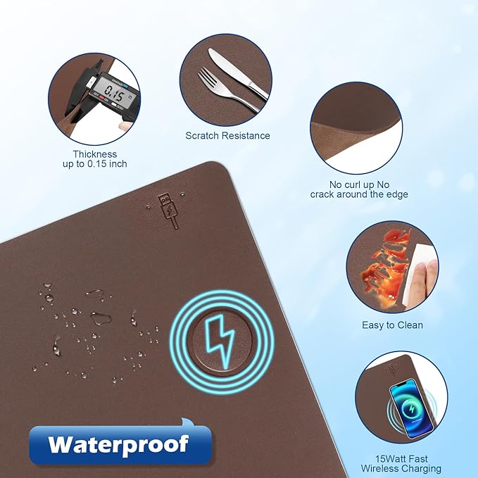 Wireless Charging Desk Mat with Desk Pad for Desktop Charging Large Mouse Pad Waterproof Leather Computer Mat Mouse Pad Non-Slip Protector on Top of Desks for Keyboard and Mouse (brown-r, 36*17inch)