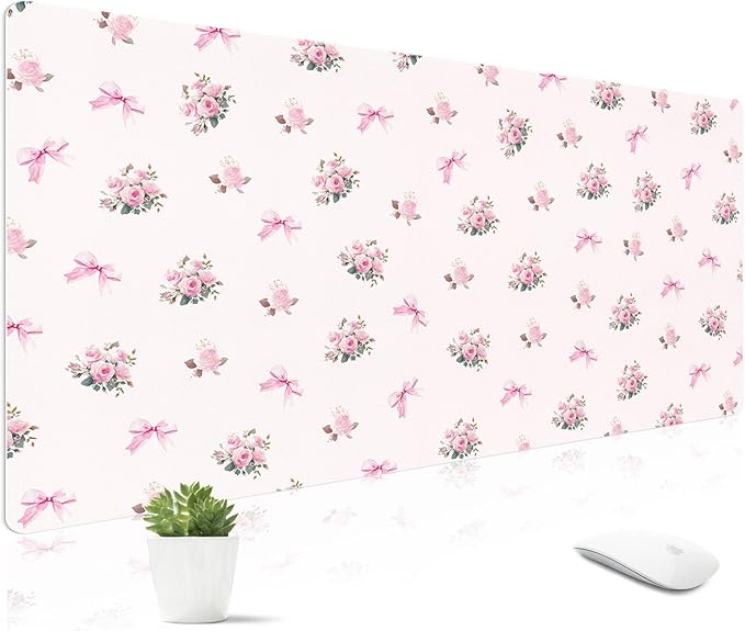 Mouse Pad Leather Desk Mat Large Keyboard Cute Office Desktop Computer Laptop XXL Long Big Aesthetic Modern Design Women Girls Gaming Gamer Oversized Wide Mousepad 31.5"x15.7", Bow Rose