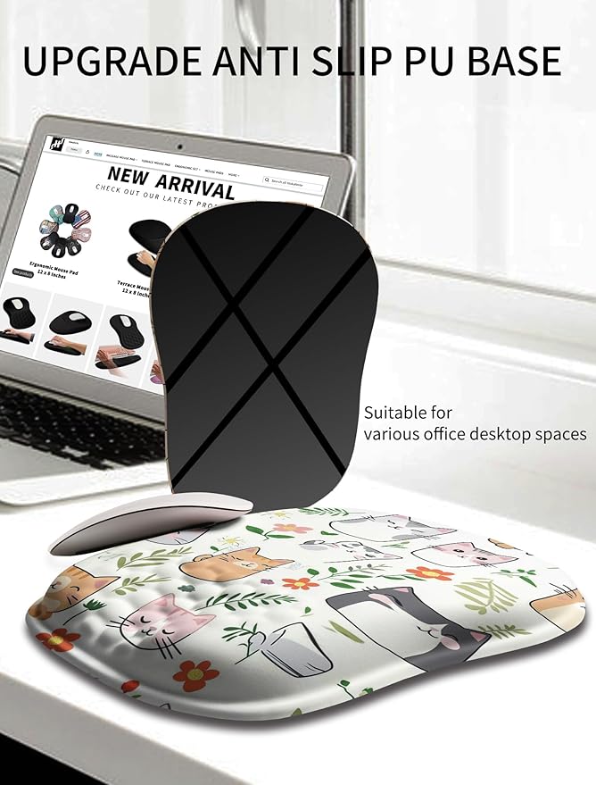 Hokafenle Ergonomic Wrist-Hugging Mouse Pad Wrist Support, U-Shaped Holding Wrist Rest Mousepad for Carpal Tunnel with Cushioned Memory Foam Slope Massage Bulge (10.2x8.3 in, Cute Cat)