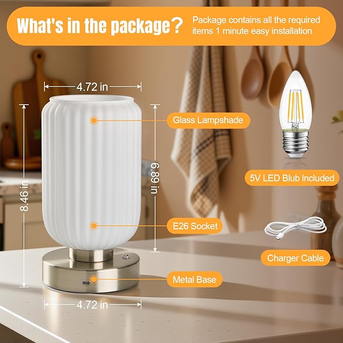 Cordless Table Lamp for Bedroom, 7500mAh Rechargeable Small Battery Lamp, Modern Touch Dimmable Wireless Lamp Brushed Nickel Base White Glass Shade for Living Room, Desk, Led Bulb Included