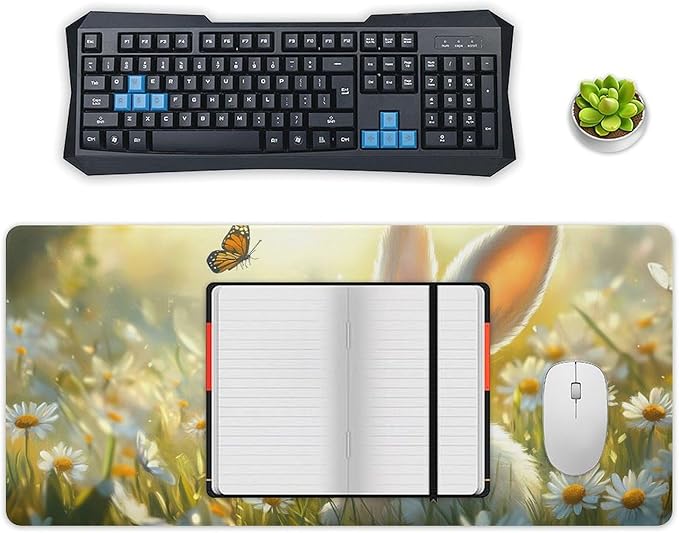 Large Ergonomic Gaming Mouse Pad Baby Bunny in Daisy Field - Sweet Rabbit Theme with Non-Slip Base Water-Resistant Surface and Stitched Edges 40x90cm