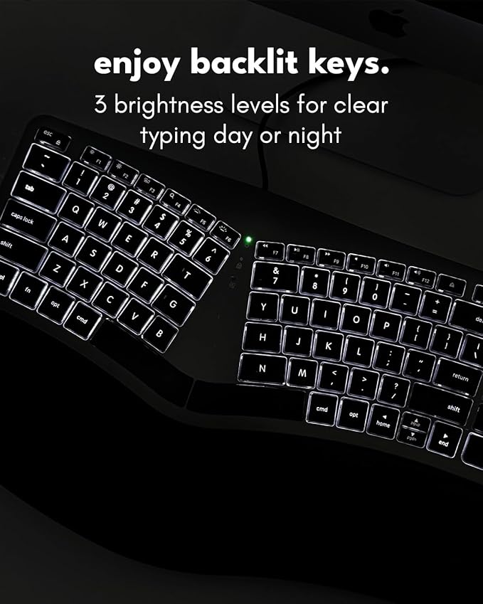 Macally Wired Ergonomic Keyboard for Mac - USB Hub, Backlit Keys, Dual USB C + A Plug, Split Design, Padded Wrist Cushion - Compatible Apple Keyboard for MacBook Pro/Air, iMac, iPad - Space Gray