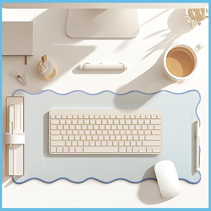 Scalloped Desk Mat Large Scalloped Piping Cute Desk Mat Aesthetic Preppy Table Pad Large Nonslip Pad with Edge Stitching Waterproof Gaming(Blue,23.62 x 13.78 Inches)