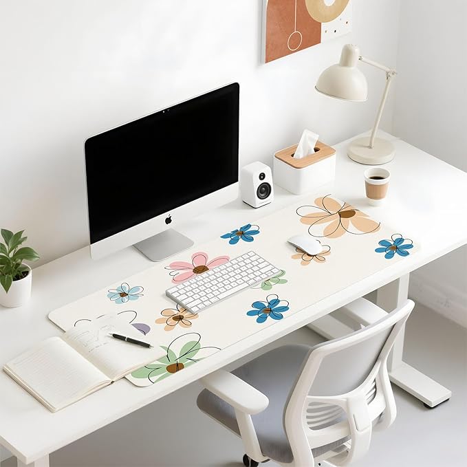 Mouse Pad Leather Desk Mat Large Keyboard Cute Office Desktop Computer Laptop XXL Long Big Aesthetic Modern Design Women Girls Gaming Gamer Oversized Wide Mousepad 31.5"x15.7", Line Flower