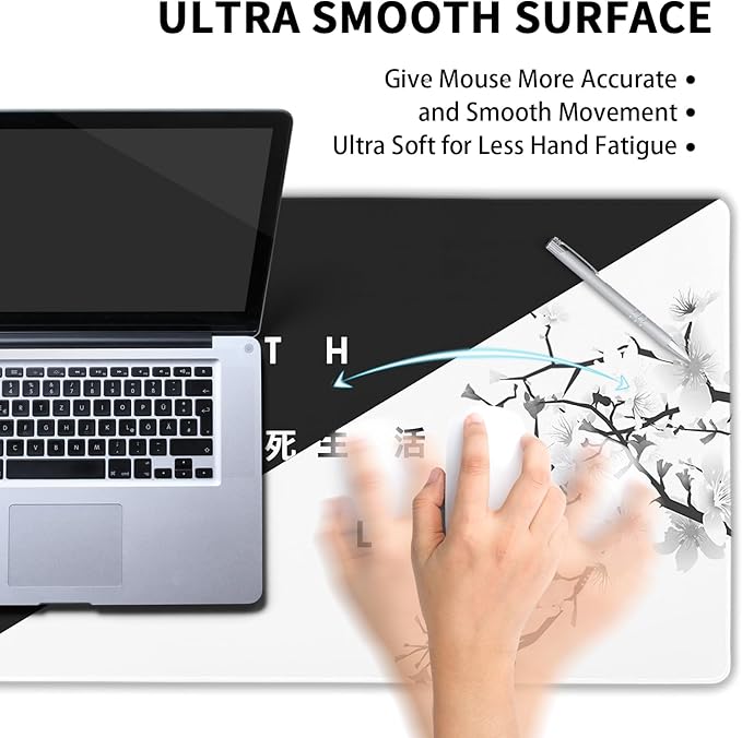 aportt Black White Cherry Blossom Mouse Pad Large Japanese Sakura Death Life Desk Mat 60x35 cm Non-Slip Rubber Base Stitched Edge Large XL Playmat for Gaming Laptop Computer PC Desktop,24x14 Inch