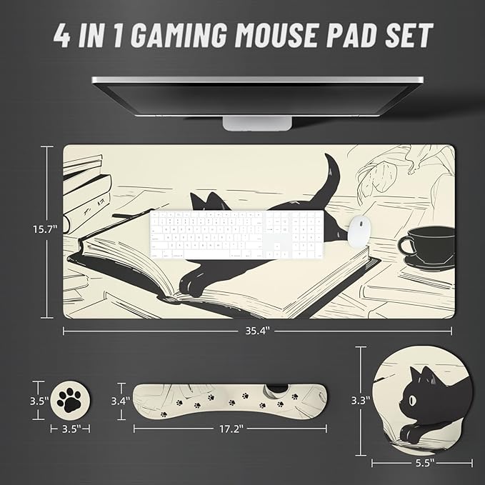 Ovenbird Mouse Pad Set 4-in-1 | Large Gaming Mousepad, Keyboard Wrist Rest, Mouse Wrist Support, Coaster | Ergonomic Office Desk Mat Accessories for Women Men | 4PCS, 35.4 x 15.7in, Black Cat