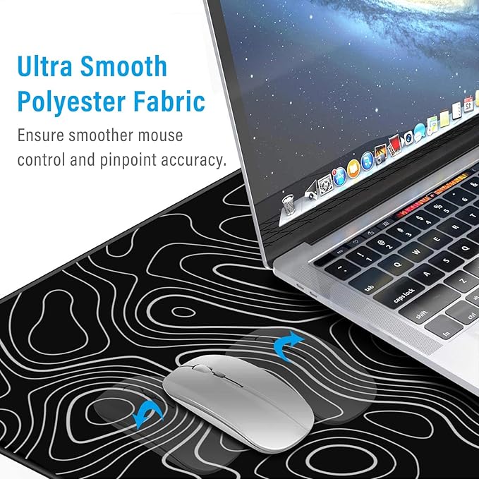 Large Gmaing Mouse Pad with Stitched Edges, Superior Micro-Weave Cloth, Non-Slip Base, Size 35.4 X 15.7X 0.12inches - Black Topographic Contour