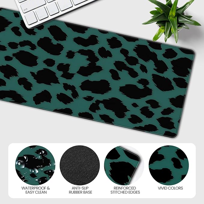 XXL Gaming Mousepad, Green and Black Leopard Print, 35.4 x 15.7 inches, Non-Slip Rubber Base, Extended Desktop pad
