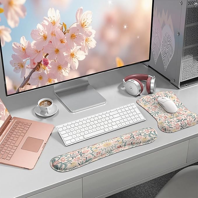 iCasso Ergonomic Mouse Pad, Keyboard Wrist Rest, Memory Foam Mousepad with Wrist Support, Easy Typing and Relieve Wrist Pain Keyboard Pad for Computer(Pink Floral)